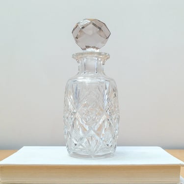 Antique Perfume Bottle with Stopper, Heavy Clear Cut Glass Decanter, Small Apothecary Storage Jar 