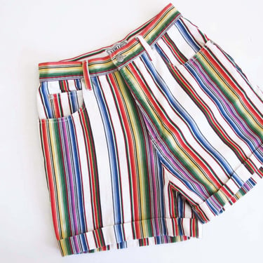 Vintage 90s Mexican Stripe High Waist Shorts 27 - 1990s Colorful Baja Vertical Stripe Mid Length Long Denim Shorts 