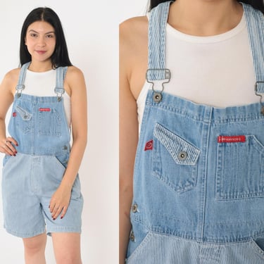 90s Striped Overall Shorts No Excuses Bib Shortalls 1990s Blue White Railroad Stripe Shorts Vintage Streetwear Hickory Stripe Small Medium 