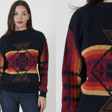 Pendleton Southwestern Sweater / Black Rainbow Knit Chief Joseph Design / Vintage Native American Unisex Wool Jumper L 