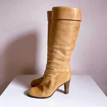 Vintage ‘70s ‘80s MAUD FRIZON Italian leather boots | warm caramel, stacked wooden high heel, marked 37 1/2 , fits 7.5B 