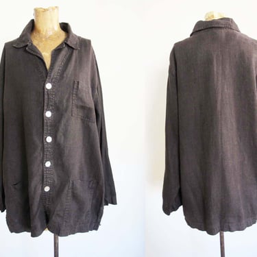 Vintage Faded Black Linen Chore Coat Jacket S M - 90s Slouchy Oversized Simple Minimal Natural Fiber Jacket - Baggy 1990s Solid Color Coat 