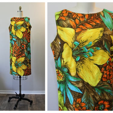 Vintage Bold Floral Print Glamortops Miami Sheath Dress cotton summer mod watercolor  // Modern Size US 6 8 Small Med 