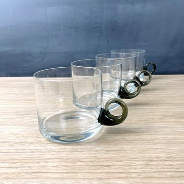 Glass mugs with smoked glass handles - set of 4 - vintage glassware 