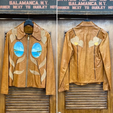 Vintage 1960’s “East West Musical Instruments” Janti Cameo Tropical Painted Hippie Rocker Leather Jacket, Original, 60’s Vintage Clothing 