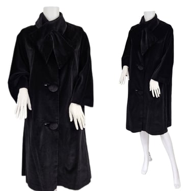 Volup Marguerite Rubel 1960's Black Cotton Velvet Swing Coat I Sz Lrg 