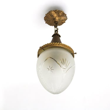 Antique French Hanging Lamp In Gilded Brass And Frosted Etched Glass Teardrop Shape Ceiling lamp Pendant Light ca. 1910 