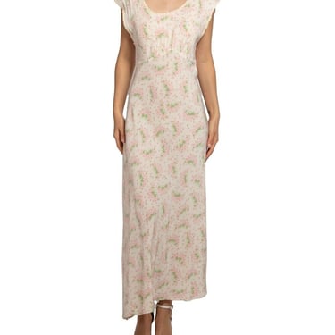 1930S Cream Bias Cut Cold Rayon Negligee With Pink And Green Floral Print 