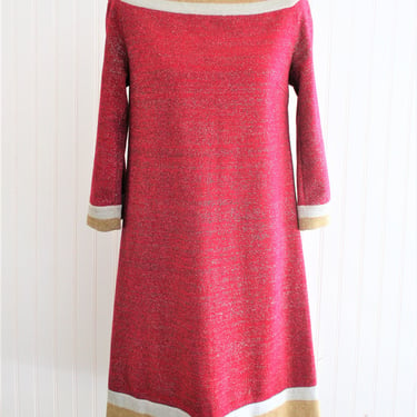1960s - Raspberry  Metallic knit - Mod Trapeze Dress - Bell Sleeve - Boatneck - Estimated M 