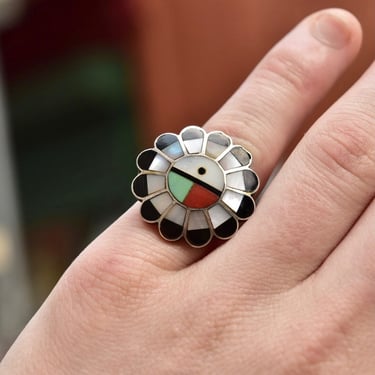 Vintage Signed Zuni Native American Multi-Stone Inlay Sungod Ring, Silver, Mother of Pearl, Jet, Coral, Turquoise, Size 5 1/4 US 