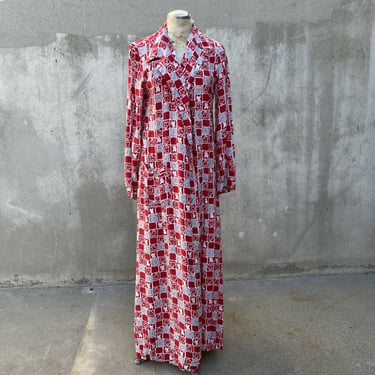 Vintage 1940s Red Rayon Elephant Print Robe Coat Dress Jacket Maxi Textron 1930s