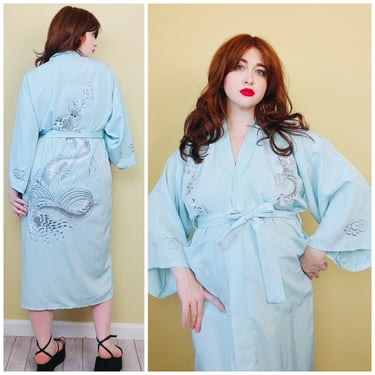 1970s Vintage Ice Blue Dragon Embroidered Robe / 70s Silver Magical Pastel Rayon Japanese Kimono Style Robe / One Size 