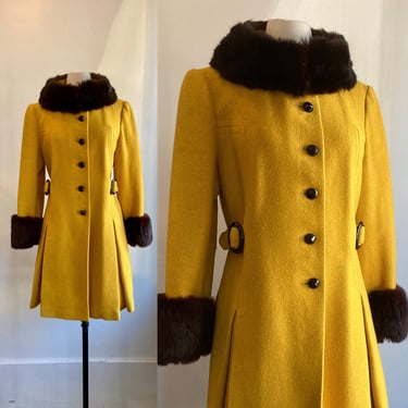 Vintage 60s 70s Mod Coat / Mustard YELLOW Wool + Black FUR Collar + Cuffs / Penny Lane Style / M 