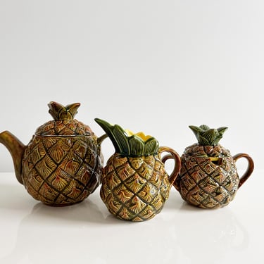 Pineapple Teapot, Sugar & Creamer Homemade Ceramic Mold Vintage 1970s 