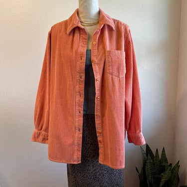 Vintage 90s Pink Cotton Corduroy Button Down Oversized Shacket Shirt Size XL 