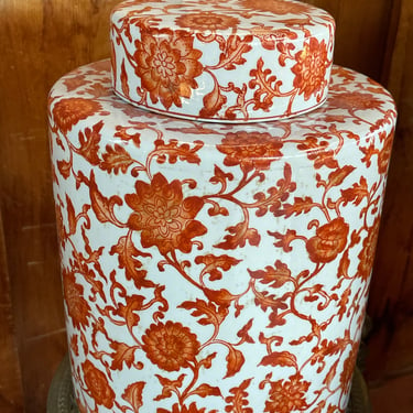Rare Antique Xian Ju Jianzhi Coral Orange and White Ginger Jar- Large 12.5