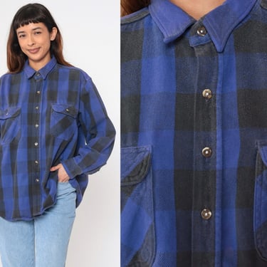 Vintage Buffalo Plaid Shirt 90s Redhead Blue Distressed Button up Shirt Black Retro Checkered Long Sleeve Faded Cotton 1990s Men's XL 