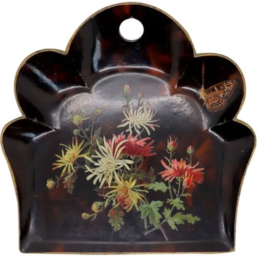 1890's Antique English Papier-Mache Black Lacquer Floral and Butterfly Crumb Tray 