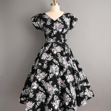 Vintage 1950s Dress | Shirley's  Pink Pony Novelty Silver Painted Black Cotton Dress | Small 