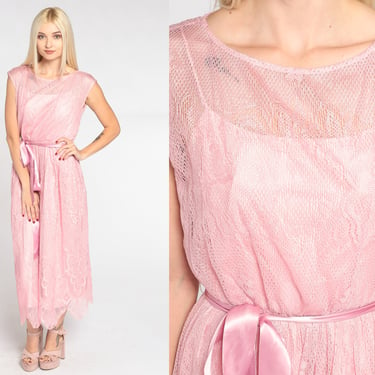 Pink Lace Dress 70s Party Dress Floral Midi Dress Cap Sleeve High Waisted Bow Scalloped Formal Cocktail Prom Vintage 1970s Extra Small xs 
