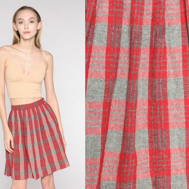60s Mini Skirt Red Plaid Wool Blend Retro School Girl Skirt Pleated High Waist Preppy Checkered Lolita Grey Vintage 1960s 2xs xxs 