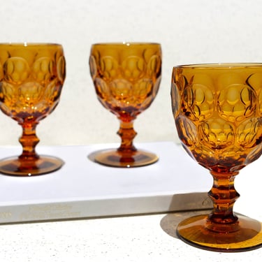 Set of 3 Vintage Imperial Glasses, Provincial Amber Goblets, Water Glasses, Wine Glasses, Thumbprint Pattern Glassware, Vintage Glassware 