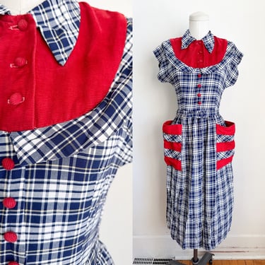 Vintage 1940s Red Corduroy & Plaid Dress / size XXS 