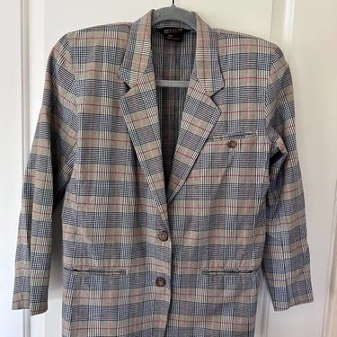 Liz Sport blue and tan plaid cotton blazer 