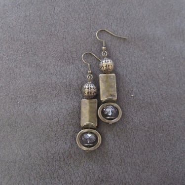 Hammered bronze earrings, gypsy earrings, boho bohemian earrings, hippie statement earrings, unique southwest earrings, clear crystal 