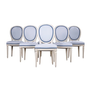 Antique French Louis XVI Style Painted Dining Chairs W/ Striped White and Blue Fabric - Set of 6 