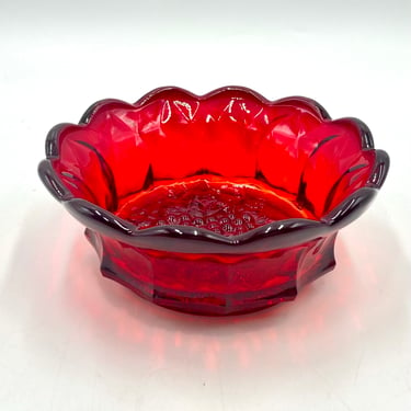 Vintage Fenton Glass Ruby Red Bowl, Scalloped Edge Dish, Diamond Pattern with Grapes on Bottom of Bowl, Vintage Glassware 