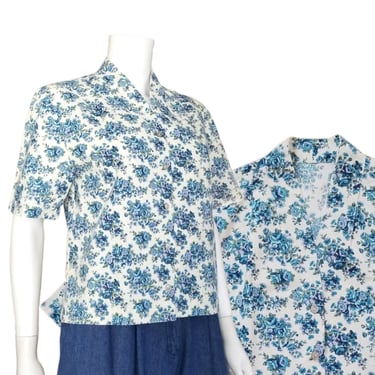 Vintage Blue Floral Button Blouse, Medium / 1950s Handmade Dress Shirt / Short Sleeve Cotton Blouse / Chintzy Blue Summer Button Up Blouse 