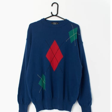 80s St Michael lambswool sweater in bold blue with red diamond - Large 