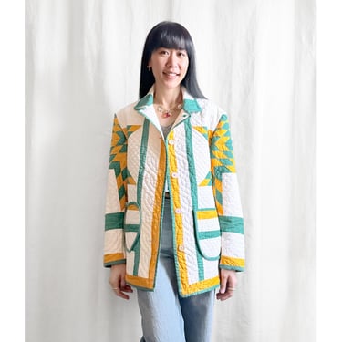 Quilt Oversized Chore Jacket - vintage 1940s 8-point star hand quilted yellow green white women's winter long coat blazer one-of-a-kind 