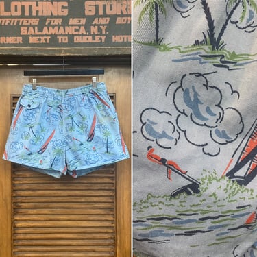Vintage 1930’s Original Nautical Sailing Palm Tree Cotton Twill Hawaiian Swim Trunks Shorts, 30’s Vintage Clothing 