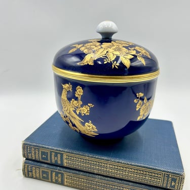 Vintage Kaiser West Germany Golden Crown Bowl with Lid, Symphonie Pattern, Nossek Designer, Peacocks in Blue and Gold 