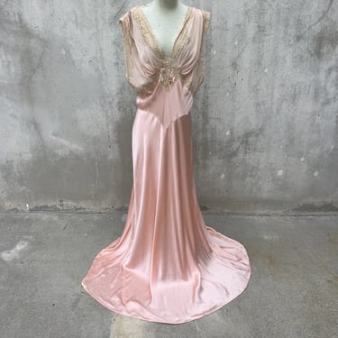 Vintage 1930s Pink Chiffon & Silk Satin Slip Dress Gown  Bias Cut Full Length