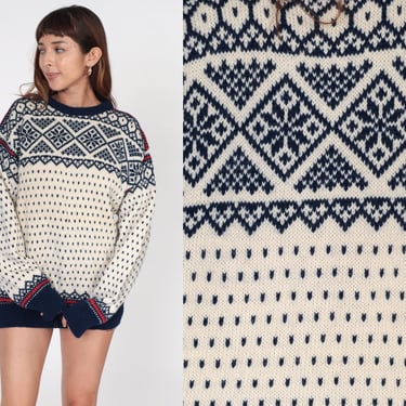 Wool Norwegian Sweater 80s Fair Isle Sweater Snowflake Boho Nordic Ski Bohemian 1980s Knit Retro Pullover Cream Navy Blue Extra Large xl 