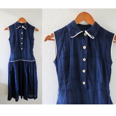 Vintage 1940s Dress - 40s Era Women's Navy Blue Rayon Day Dress - Size XXS 