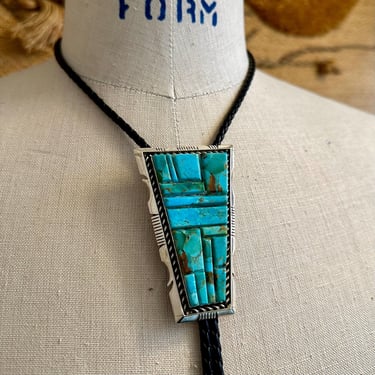 STEVE FRANCISCO Navajo Turquoise Mosaic Bolo Tie w/ Leather Cord | Sterling Silver Bolo | Native American Made Mens Jewelry, Southwestern 