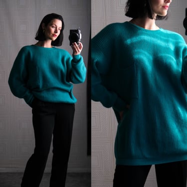 Vintage 80s MALO Italian Jade Green Cashmere Knit Relaxed Fit Pocket Sweater | Made in Italy | 100% Cashmere | 1980s Tricot Designer Sweater 
