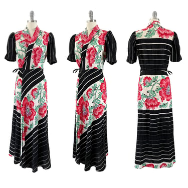 40s Black & White Stripe Floral Dressing Gown / 1940s Vintage Cotton Maxi Dress / Medium / Size 10 to 12 