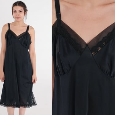 Black Slip Dress 70s Lace Trim Lingerie Nightgown Mini Full Slip Empire Waist Adjustable Spaghetti Strap Side Slit Vintage 1970s Medium 40 