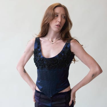 Blue Silk Corset Top With Beading | Eavis & Brown 