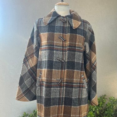 Vintage mod wool brown plaid jacket or short coat grey brown tones pockets Sz M by Dee Dee Deb 