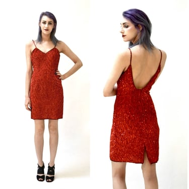 90s Vintage Red Sequin Dress Small Mini Dress// 90s Red Sequin Prom Party Dress size Small Body Con Mini Dress by Laurence Kazar 