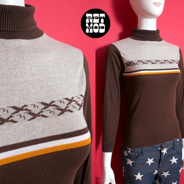 Vintage 60s 70s Brown Birds Knit Long Sleeve Top 