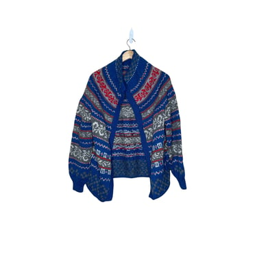 Vintage Blue Nordic Fair Isle Wool Cardigan Sweater, Handmade No tag Large 