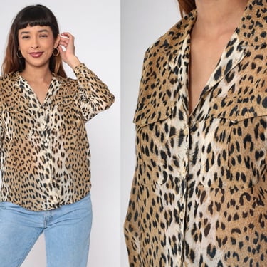 Leopard Print Blouse 90s Semi-Sheer Animal Print Button Up Shirt Long Sleeve Top Retro Cheetah Spot Top Vintage 1990s Liz Sport Small Petite 