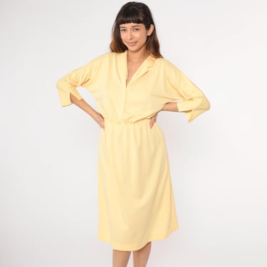 80s Yellow Midi Dress Vintage Day Dress Simple Basic Plain High Waisted 3/4 Sleeve V Neck Minimalist Blouson Casual Retro 1980s Small Medium 